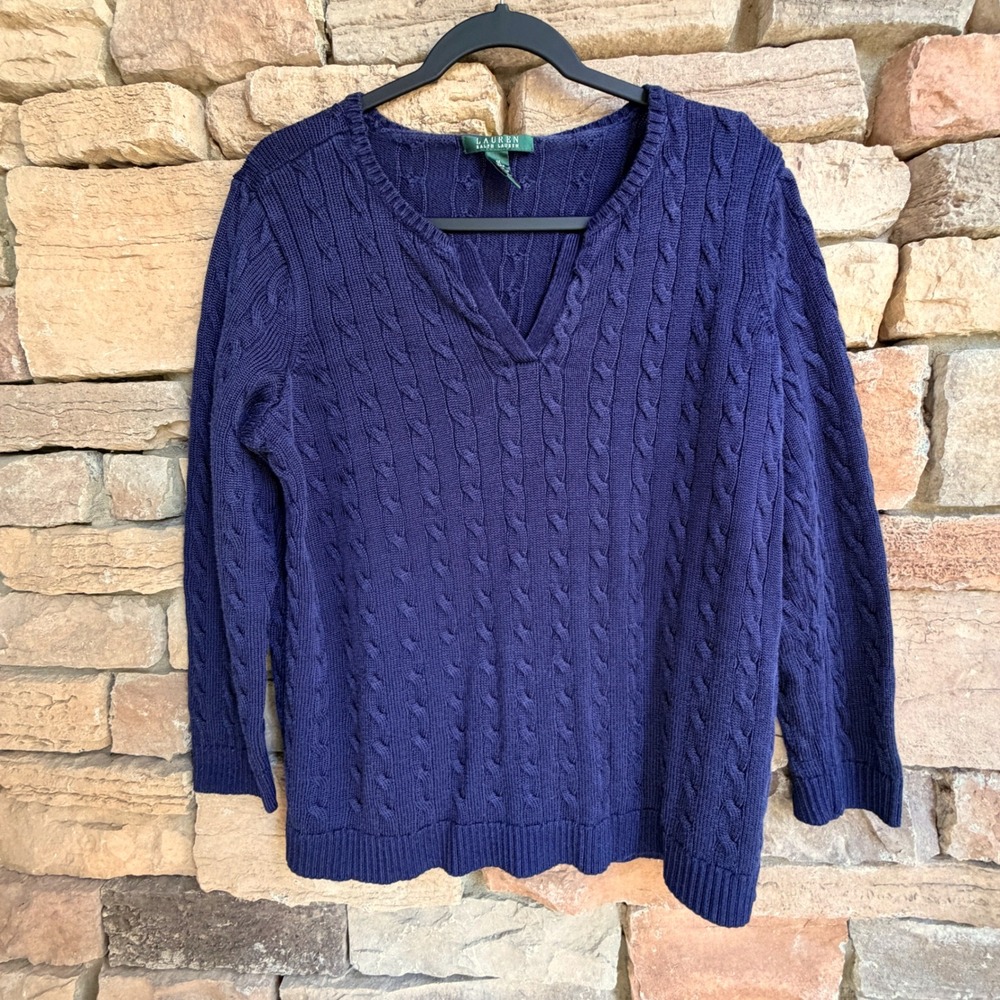 Lauren Ralph Lauren 1X Women's Navy Blue Cable Knit V Neck Sweater Preppy